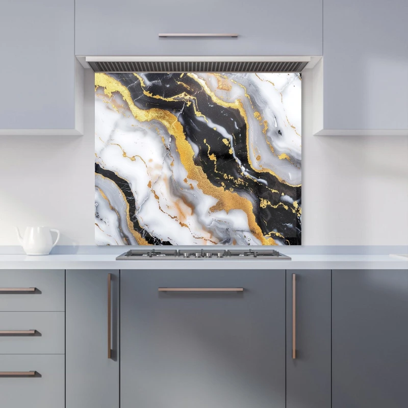 Image of Warren Reed - Designer White Backed With Gold Marble Effect Kitchen Splashback in Black Size: 600mm x 750mm Black Unisex 600mm x 750mm