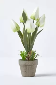 image of Artificial Tulips in Grey Decorative Stone Pot, 27 cm