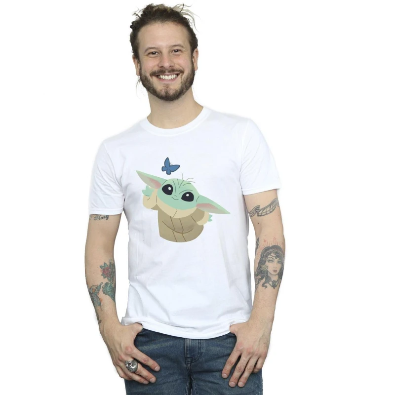 Image of Star Wars Star Wars Men The Mandalorian Butterfly Catching T-Shirt in White Size: Small White S Male 5057864765496