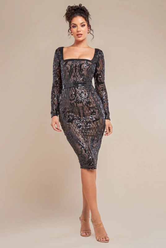 Image of Goddiva Womens Sequin Square Neck Bodycon Midi Dress With Scalloped Hem in Black Size: 8 Black Female 8