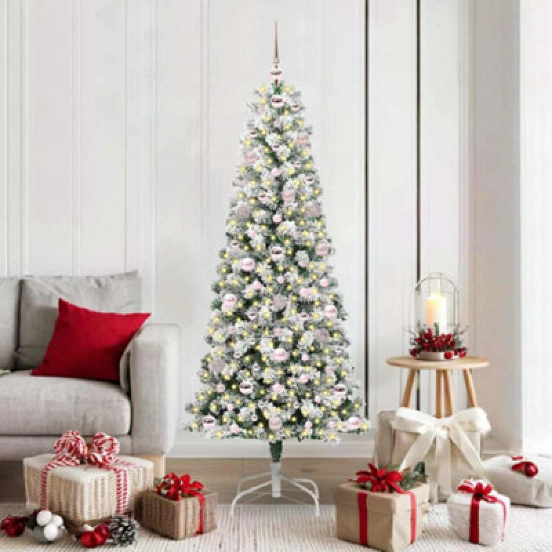 Image of vidaXL Artificial Hinged Christmas Tree with Pink Balls Green and white 180 cm, Green 3395597