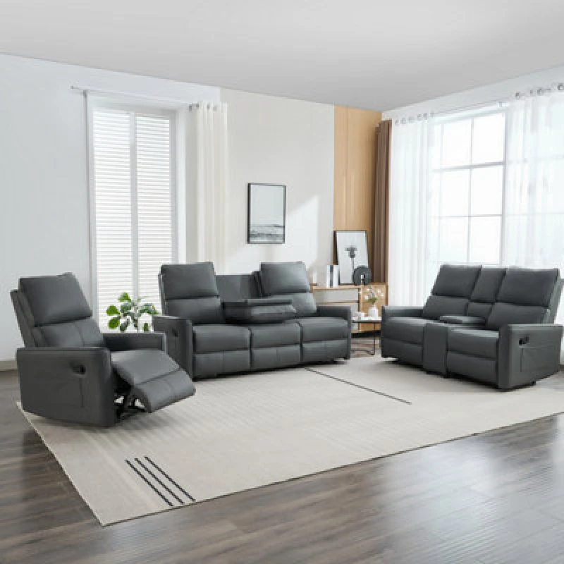 Image of More4Homes Madrid 1+2+3 Seater W Console Manual Air Leather Recliner Sofa Set Grey