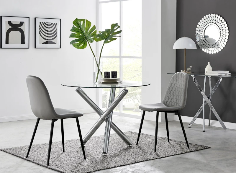 Image of FurnitureboxUK FurnitureboxUK Selina Round Glass Chrome Leg Dining Table and 2 Corona Black Leg Chairs in Grey Size: 2 Person Grey 2 Person Unisex 5