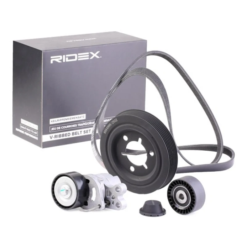 Image of RIDEX 542R0663 V-ribbed belt set Check alternator freewheel clutch & replace if necessary, Pulleys: with crankshaft pulley V-Ribbed Belt Set (542)
