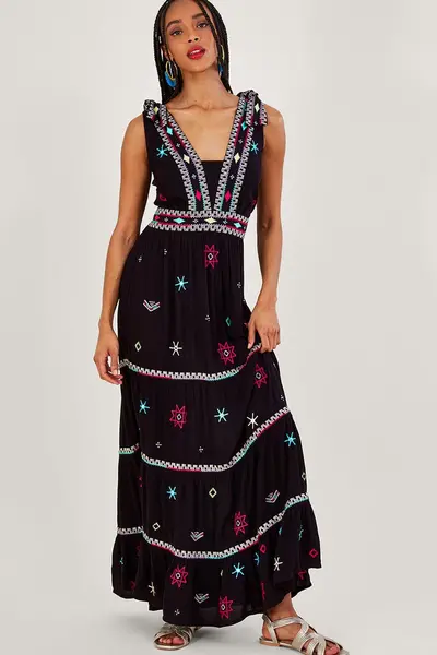 Monsoon Wide Strap Motif Embroidered Maxi Cami Dress Black