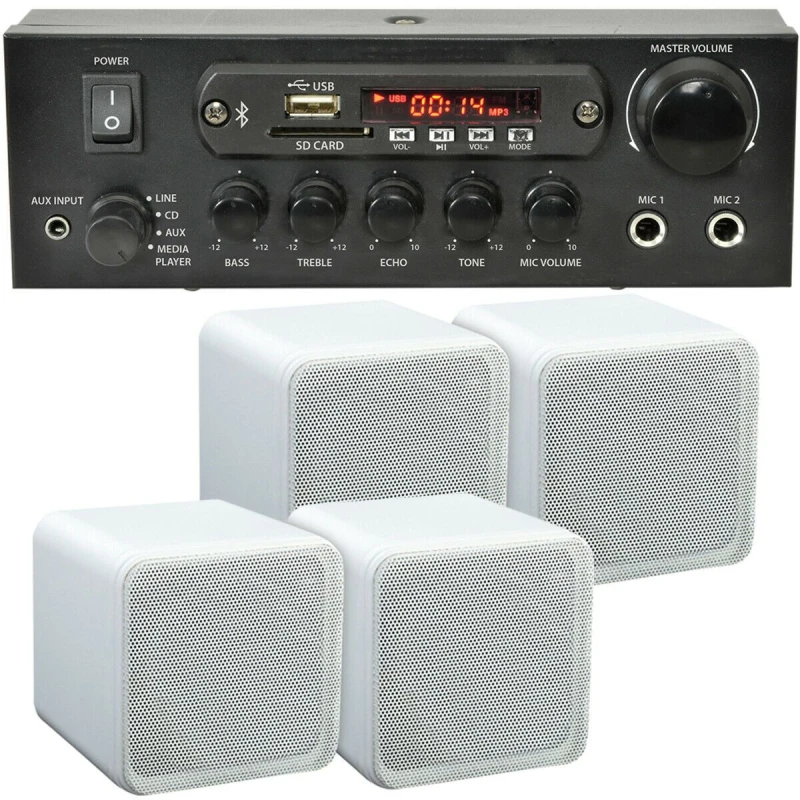 Image of Loops 110W Bluetooth Amplifier & 4x 80W White Shelf Speakers Compact Wireless HiFi Kit White unisex