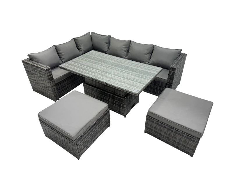 Image of Fimous 8-seater Rattan Garden Furniture Dining Set with 2 Big Stool in Dark Grey Dark Grey Unisex
