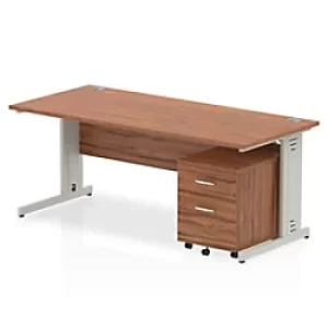 image of Dynamic Rectangular Straight Desk Walnut MFC Cable Managed Cantilever Leg Silver Frame Impulse 1 x 2 Drawer Mobile Pedestal Bundle 1800 x 800 x 730mm