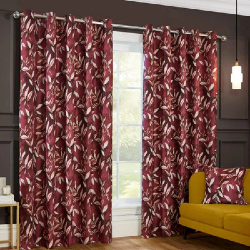 Image of Sundour Madrid Blackout Ready Made Leaves Eyelet Curtains Wine 46X54"