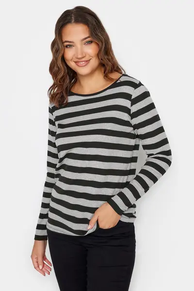 Long Tall Sally Tall Long Sleeve Striped Cotton T-Shirt Grey