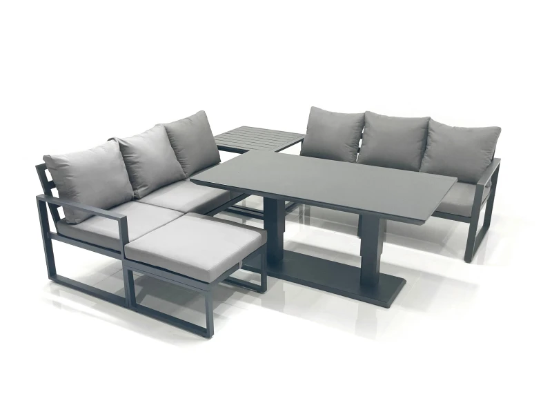 Image of Fimous 7 Seater Aluminium Outdoor Garden Furniture Set with Adjustable Rising Lifting Dining Table 3 Seater Sofa Big Footstool Side Table Dark Grey Da