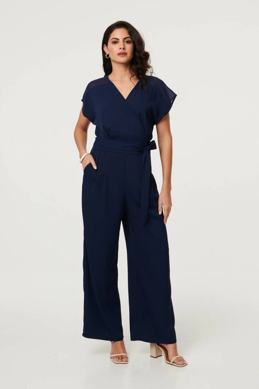 Image of Izabel London Womens Cap Sleeve Relaxed Tie Waist Jumpsuit in Navy Size: 10 Navy Female 10
