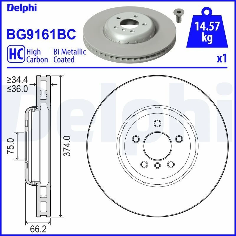 Image of DELPHI Brake disc DELPHI BG9161BC