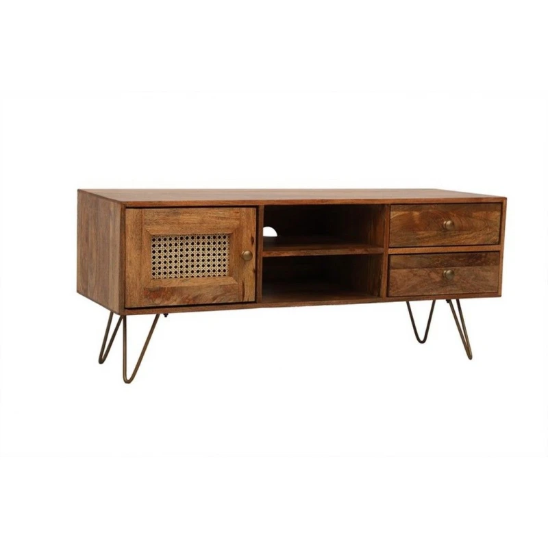 Image of Jaipur Furniture Ltd Nyack TV unit - Mango Wood/Iron - L40 x W120 x H50cm - Light Brown with Natural Rattan - Assembly Required Brown Unisex