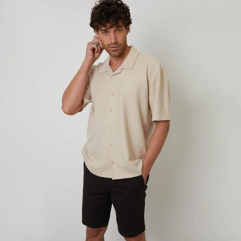 Image of Threadbare Antti Textured Revere Collar Short Sleeve Shirt Stone male M