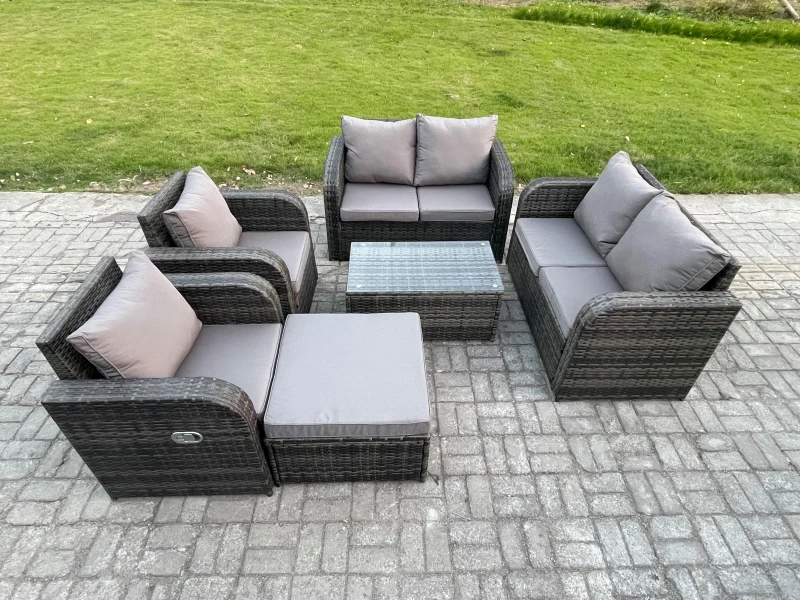 Image of Fimous Rattan Garden Furniture Set Patio Outdoor Lounge Sofa Set with 2 Reclining Chairs Rectangular Coffee Table Big Footstool Dark Grey