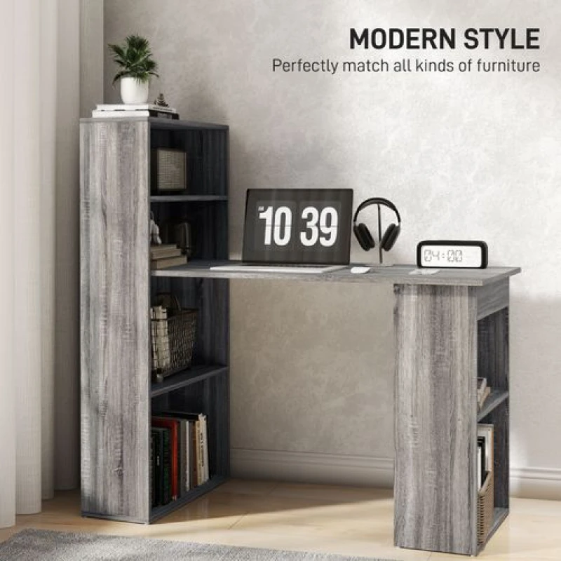 Image of HOMCOM 120cm Computer Desk Bookshelf Writing Table Workstation 6 Shelves Grey Grey