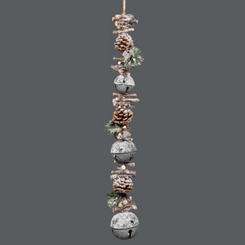 Image of Shatchi Hanging Decoration with Jingle Bells Wooden Sticks, Berries and Pinecones Christmas Home Wall Door 90cm Silver Silver