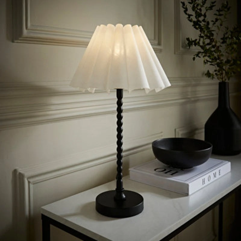 Image of Valuelights Maeve White Scallop Pleated Taper Shade Black Bobbin Bobble Table Lamp And Bulb