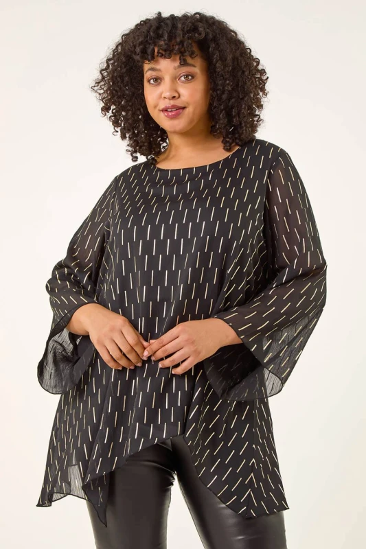 Image of Roman Womens Curve Chiffon Overlay Foil Top in Black Size: 18 Black Female 18