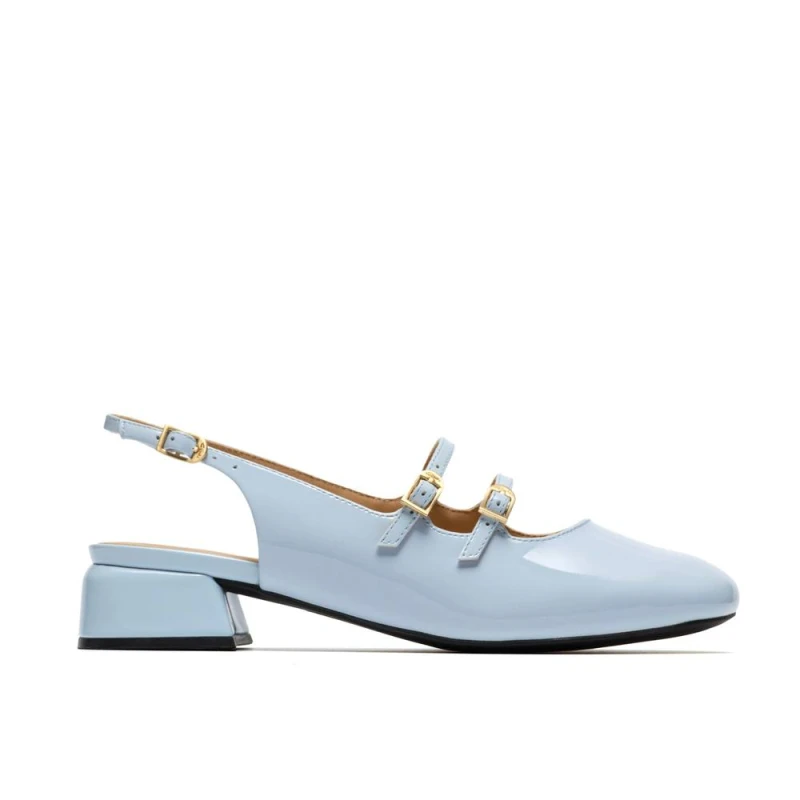 Image of Clarks Womens Daiss 30 Dazz Light Blue Patent Leather Mary Jane, Sling Back Size: 7-Standard Fit Blue Female 7-Standard Fit