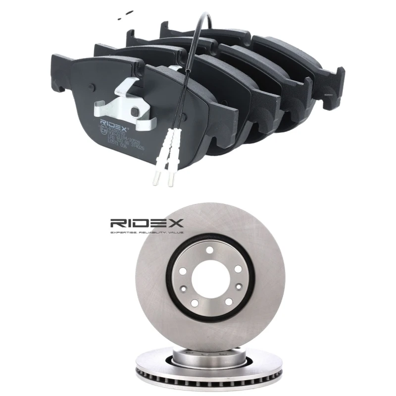 Image of RIDEX 3405B1923 Brake disc and pads set Front Axle, Brake Disc Type: Externally Vented, incl. wear warning contact Brake Set,disc brakes (3405)