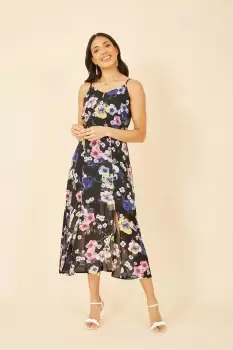 image of Black Floral Strappy Midi Dress With Split Hem