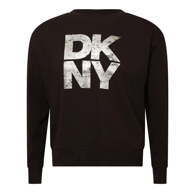 Image of DKNY Distressed Stacked Foil Logo Crew Neck Sweatshirt Brown female M