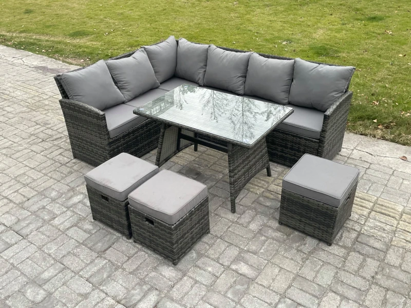 Image of Fimous Wicker Rattan Garden Furniture Corner Sofa Set with Oblong Dining Table 3 Small Footstools 9 Seater Dark Grey