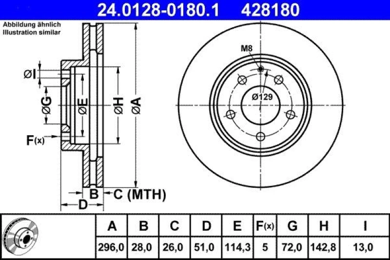 Image of ATE 24.0128-0180.1 Brake disc Vented, Coated Brake Disc (82)