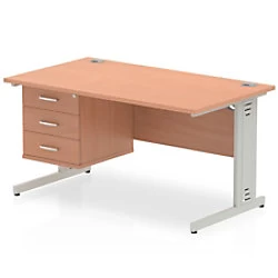 Image of Dynamic Rectangular Office Desk Beech MFC Cable Managed Cantilever Leg Silver Frame Impulse 1 x 3 Drawer Fixed Ped 1400 x 800 x 730mm