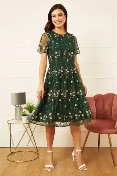 Image of Green Embroidered Floral Skater Dress