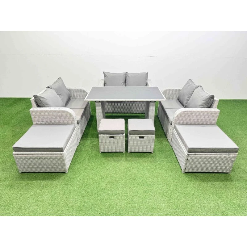 Image of Fimous 10 Seater Patio Garden Furniture Sets with 2 Side Tables 4 Stools in Light Grey Light Grey Unisex