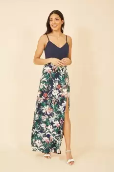 image of Navy Leaf Print Jersey Maxi Dress With Split Hem