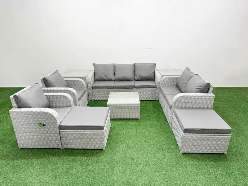 Image of Fimous PE Rattan Garden Furniture Set Adjustable Chair Sofa Double Love Seat 2 Seater Sofa Lounge Set Square Coffee Table 2 Big Footstool 2 Side Table