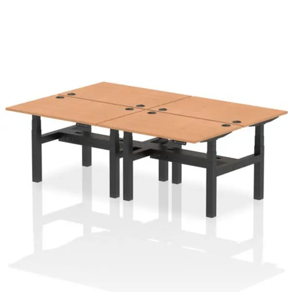 Image of Air Air Back-to-Back 1200 x 800mm Height Adjustable 4 Person Bench Desk Oak Top with Cable Ports Black Frame HASCP4P12800OAKB