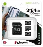 Image of Kingston Canvas Select Plus Multi-Pack 3 x 64GB microSDXC Card + SD Adapter