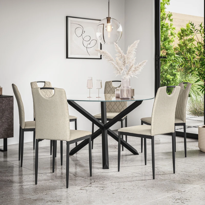 Image of More4Homes Malvern Round Dining Table And Chairs - Clear Glass Table Top W Solid Oak Black Legs + Monza Fabric Dining Chair Set Of 6 (Beige)