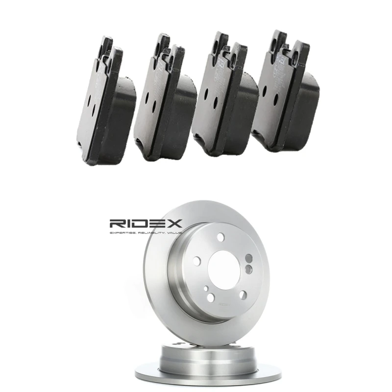 Image of RIDEX 3405B1830 Brake disc and pads set Rear Axle, Brake Disc Type: solid, excl. wear warning contact Brake Set,disc brakes (3405)