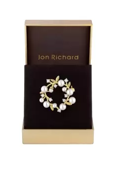 Image of Gold Plated Pearl And Cubic Zirconia Crystal Wreath Brooch - Gift Boxed