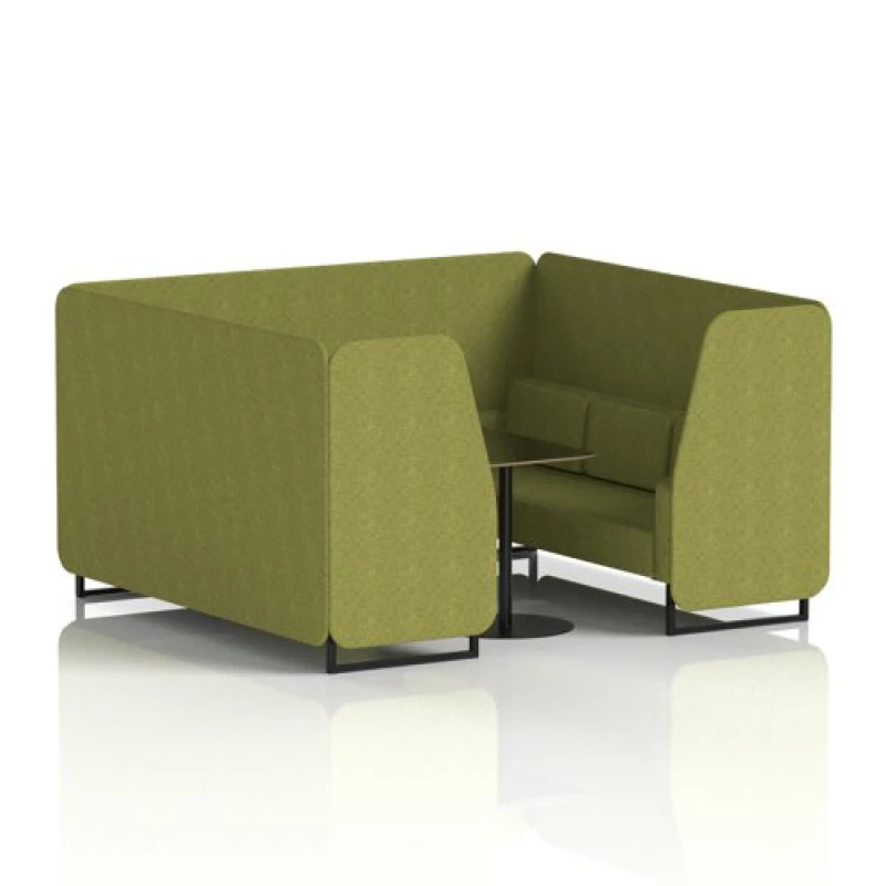 Image of Brixworth 6 Seater Office Booth with Front Panel - Black Legs and Black Table with Black Leg in Rivet Fabric - Olive Panels and Sofa