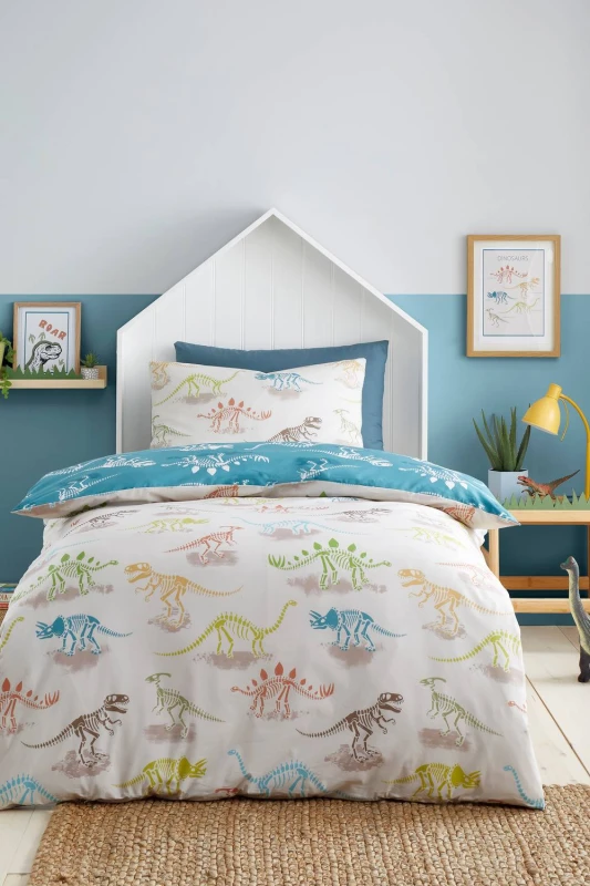 Image of Bedlam 'Skeleton Dino' Easy Care Duvet Cover Set in Natural Size: Single Natural Unisex Single