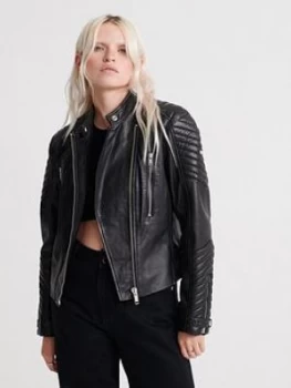 image of Superdry Essentials Leather Racer Jacket - Black, Size 10, Women