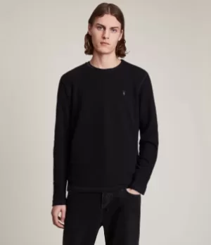 Image of AllSaints Mens Cotton Regular Muse Long Sleeve Crew T-Shirt, Navy Blue, Size: XS