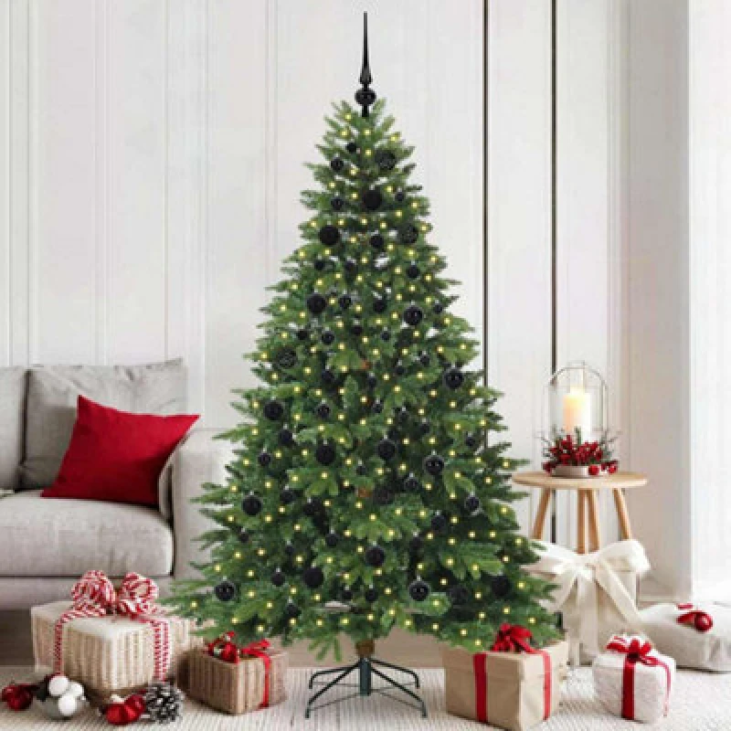 Image of vidaXL Artificial Christmas Tree with 300 LEDs, Black Balls Green 180cm PE and PVC, Green 3397550