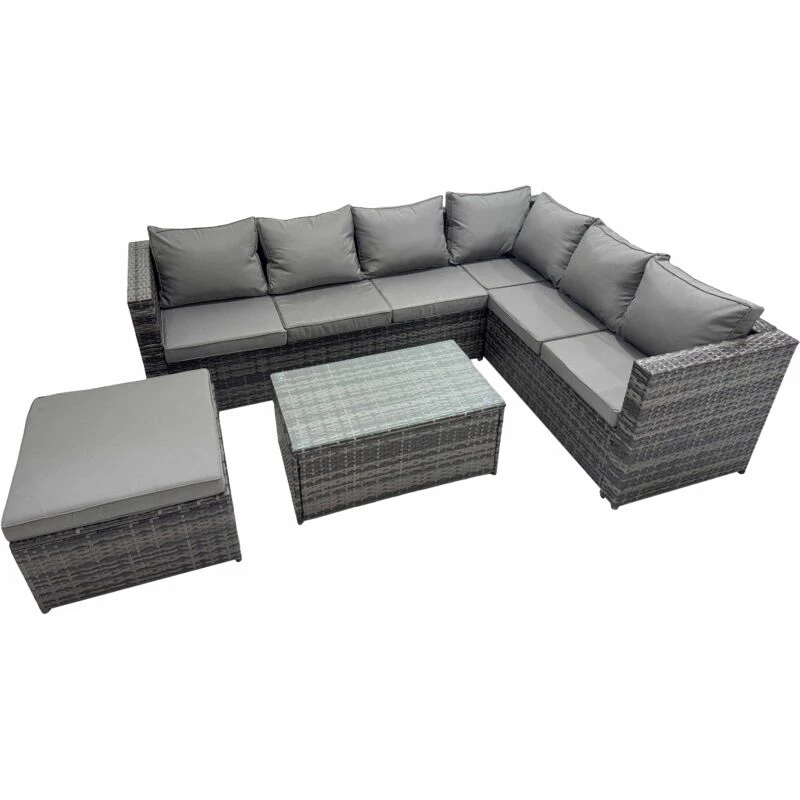 Image of Fimous Garden Furniture Sofa Set with Oblong Coffee Table Big Stool Dark Grey Dark Grey Unisex