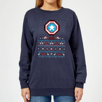 image of Marvel Avengers Captain America Pixel Art Womens Christmas Sweatshirt - Navy - S