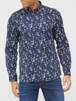 Image of Ted Baker Pastry Floral & Bird Print Shirt - Navy, Size L, Men