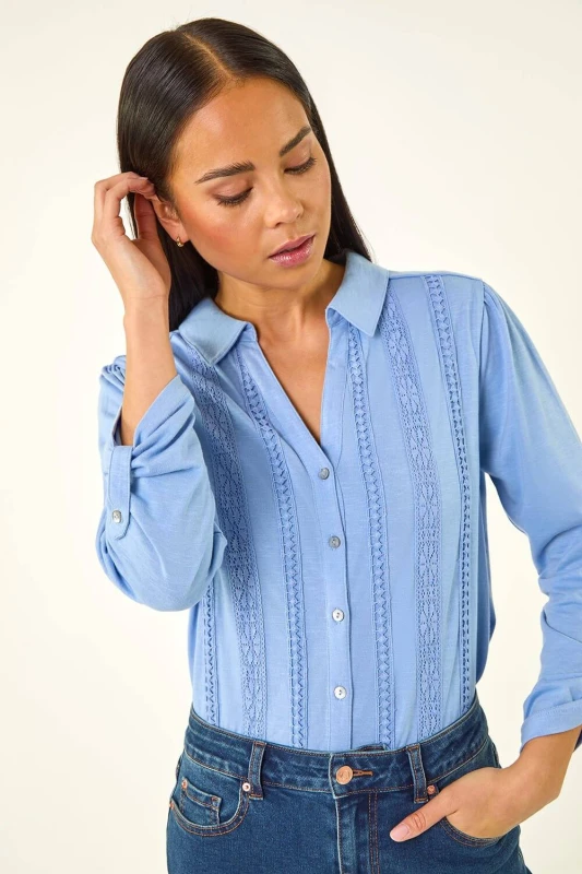 Image of Roman Womens Petite Cotton Lace Trim Blouse in Blue Size: 16 Blue Female 16