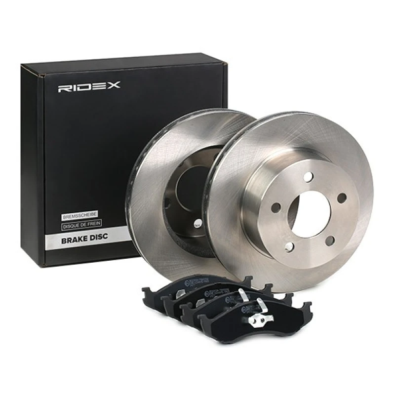 Image of RIDEX 3405B1057 Brake disc and pads set Front Axle, Brake Disc Type: internally vented, not prepared for wear warning indicator, with piston clip Bra
